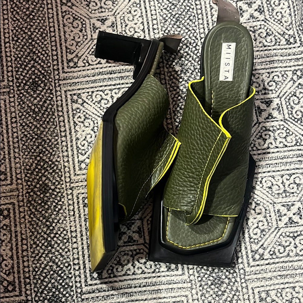 Miista Olive and Neon Yellow Textured Mules with Thong